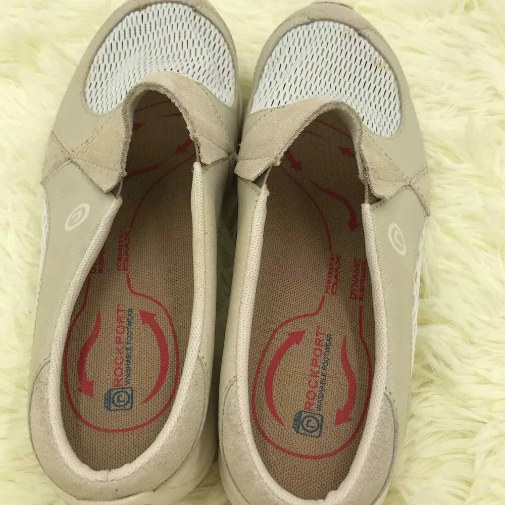 Rockport Shoes Womens 7M‎ Cream Washable Slip On Leather Comfort Sneaker